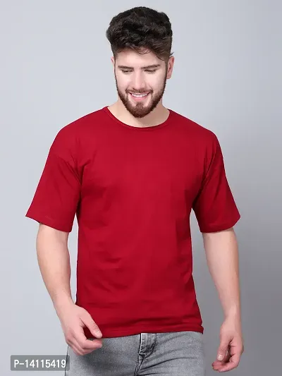 Stylish Maroon Cotton Solid Drop Shoulder Round Neck Tees For Men