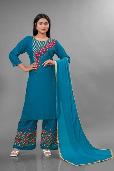 Stylish Rayon Embroidered A-Line Kurtis With Palazzo And Dupatta