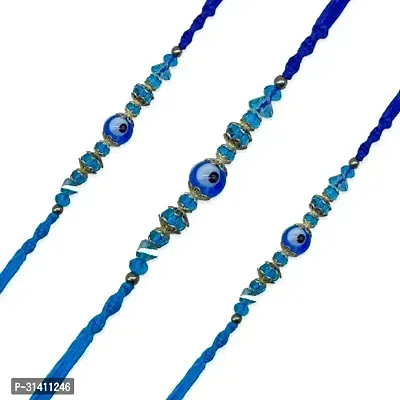 (Set Of 3) Blue Evil Eye Crystal/Beads Rakhi For Raksha Bandhan