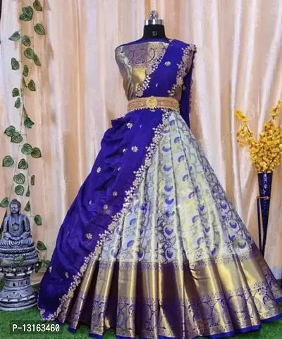 Kanjivaram Silk Blend Zari Lehenga With Blouse Along With Heavy Jacquard jari Work Dupatta With Sequence Belt-thumb0