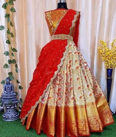 Stylish Banarasi Silk Un-stitched Lehenga Choli Set For Women