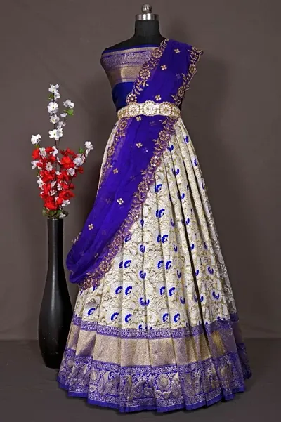 Kanjivaram Silk Blend Zari Lehenga With Blouse Along With Heavy Jacquard jari Work Dupatta With Sequence Belt