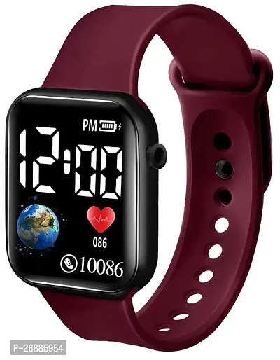 Maroon silicon belt Black dial digital watch with fake foot step count heart beat and calory burn detector-thumb3