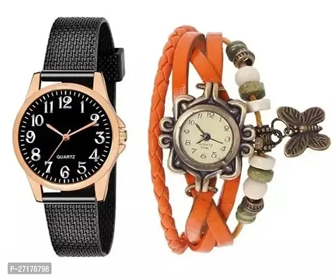 Combo pack of golden dial black belt analog watch and orange color belt with butterfly string attached golden dial analog watch for women and girls