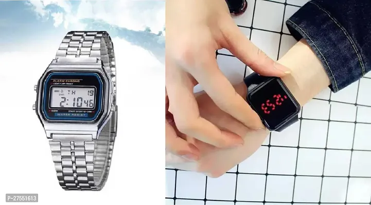 Combo pack of digital sports watch with silicon belt and digital sports watch with stainless chain