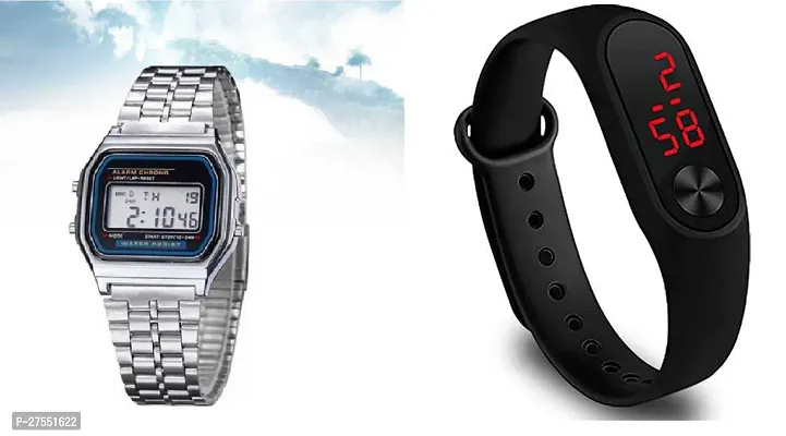 Combo pack of digital sports watch band with silicon belt and digital sports watch with stainless chain