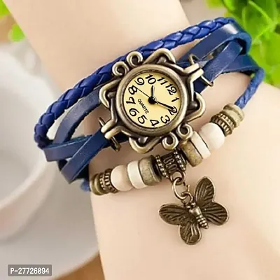 Butterfly attached leather belt golden dial analog watch for girls and women