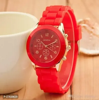 Red Rubber Belt golden dial analog watch for women and girls