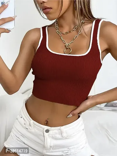 Stylish Maroon Cotton Blend Solid Crop Top For Women-thumb5