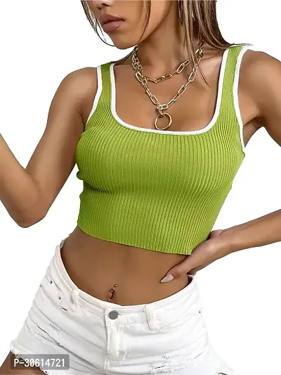 Stylish Green Cotton Blend Solid Crop Top For Women-thumb0