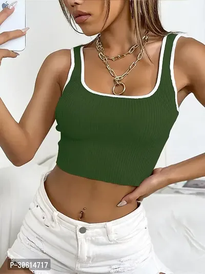 Stylish Green Cotton Blend Solid Crop Top For Women-thumb5