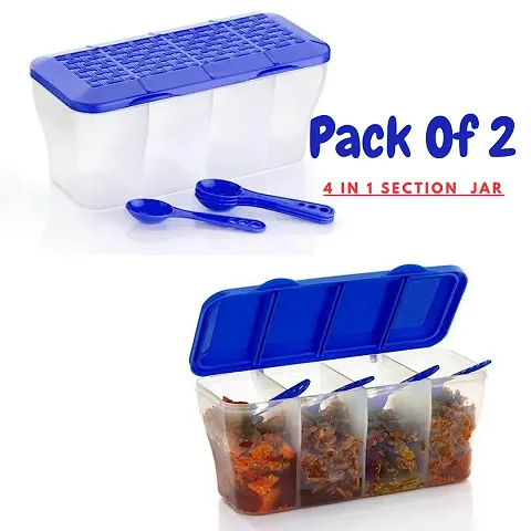 4 in 1 Section Pickle Jar Container  Spice Container Spice Box, Spice Set, Vegetable Container, Airtight Fridge Container Jar, Dry Fruit Box - Pack of 2 (Blue, Plastic)