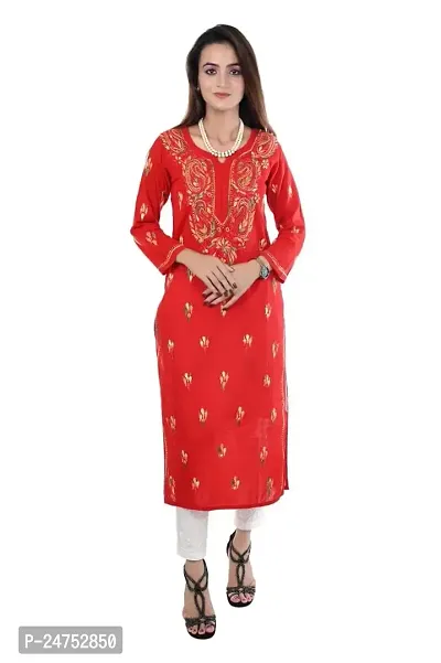 Mrs Right Boutique Embroidered Lucknowi Chikankari Straight Cotton Kurti Kurta for Women  Girls (Medium, Red)-thumb0
