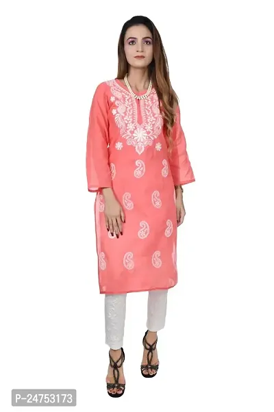 Mrs Right Boutique Design Cotton Chikankari Kurti for Womens and Girls (Medium, Pink)