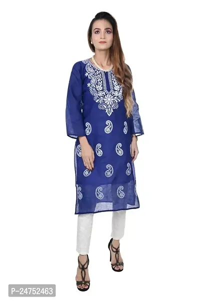 Mrs Right Boutique Design Cotton Chikankari Kurti for Womens and Girls (Medium, Blue)