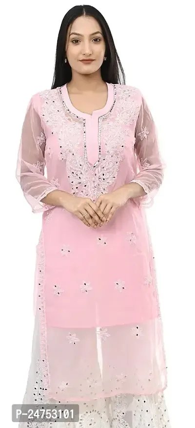 Mrs Right Boutique Chikan Kurti for Women (Medium, Pink)