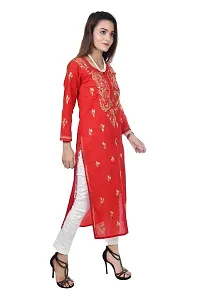 Mrs Right Boutique Embroidered Lucknowi Chikankari Straight Cotton Kurti Kurta for Women  Girls (Medium, Red)-thumb1
