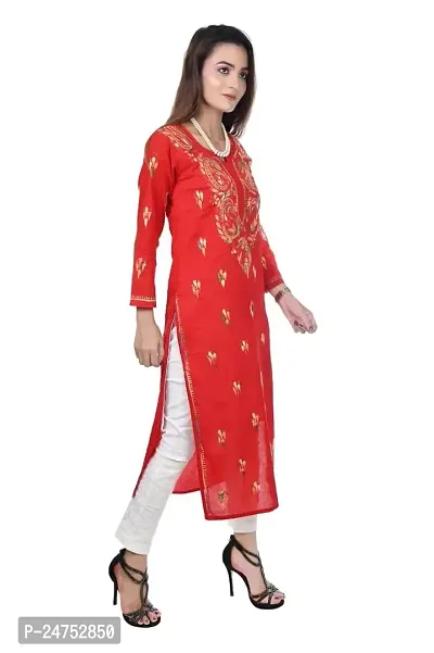 Mrs Right Boutique Embroidered Lucknowi Chikankari Straight Cotton Kurti Kurta for Women  Girls (Medium, Red)-thumb2