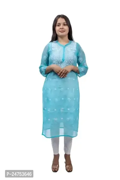 Mrs Right Boutique Design Chikankari Embroidery Kurti for Womens and Girls (Medium, Sky Blue)
