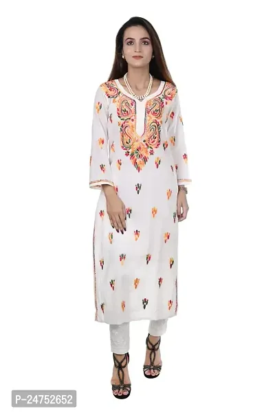 Mrs Right Boutique Embroidered Lucknowi Chikankari Straight Cotton Kurti Kurta for Women  Girls (Medium, White)-thumb0