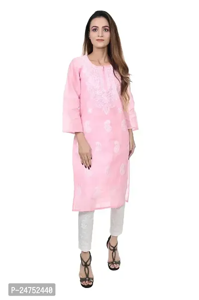 Mrs Right Boutique Design Cotton Chikankari Kurti for Womens and Girls (Medium, Light Pink)