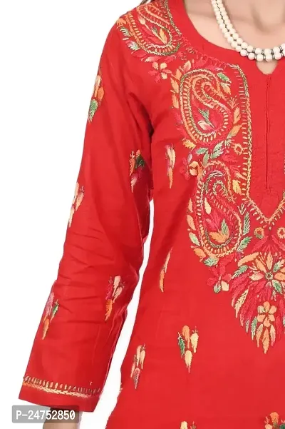Mrs Right Boutique Embroidered Lucknowi Chikankari Straight Cotton Kurti Kurta for Women  Girls (Medium, Red)-thumb3
