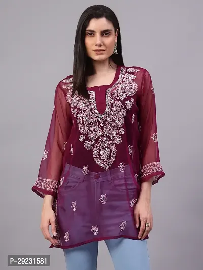 Chikankari Maroon Mirror Short Kurti-thumb0