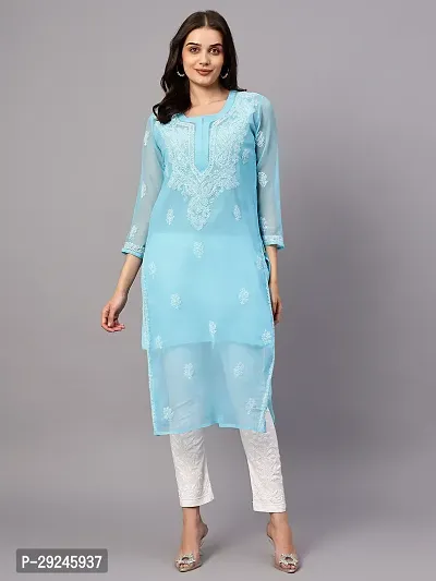 Chikankari Sky Blue Mirror Short Kurti-thumb0