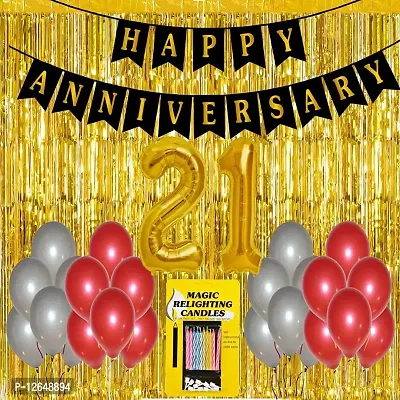 Surprises Planner Anniversary Banner, Metallic Balloons, No.21 Foil Balloon, Gold Foil Curtain, Magic Candles Anniversary Decoration Set for 21st Anniversary/Couples - Pack of 35