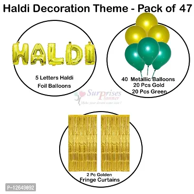 Surprises Planner Golden Yellow Green Metallic Balloons, Haldi Foil Letters Balloons, Gold Fringe Curtains Haldi Decoration Set for Wedding/Girls - Pack of 47-thumb5