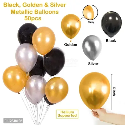 Surprises Planner Happy Birthday/Party Decoration Combo Black Gold Silver Metallic Balloons, Happy Birthday Gold Foil Banner, Silver Foil Curtain, Glue Dots - Set of 66 Pcs-thumb3