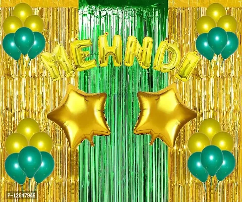 Surprises Planner Golden Green Metallic Balloons, Haldi Foil Letters Balloons, Star Foil Balloons, Golden Fringe Curtains Haldi Decoration Set for Wedding/Girls - Pack of 51