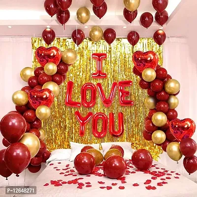 Surprises Planner I Love You Foil Balloon, Heart Foil Balloons, Gold Fringe Curtains, Metallic Balloons Valentine Combo for Decoration/Anniversary - Pack of 47