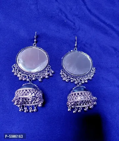 Stylish Pretty Mirror Work Silver Plated Trendy Big Jhumka Earrings For Women-thumb3