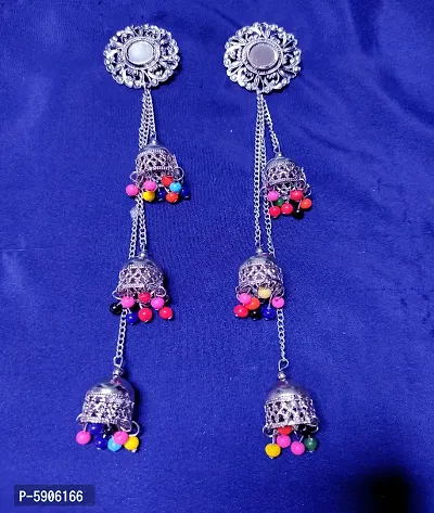 Stylish Graceful Colourful Beads Mirror Work Trendy Oxidised Silver Long Jhumka Earrings For Women-thumb0