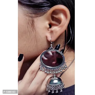 Stylish Pretty Mirror Work Silver Plated Trendy Big Jhumka Earrings For Women-thumb2