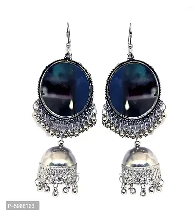Stylish Pretty Mirror Work Silver Plated Trendy Big Jhumka Earrings For Women-thumb0