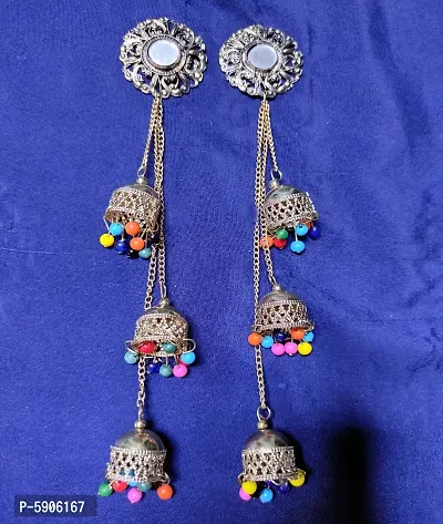 Stylish Elegant Colourful Beads Mirror Work Trendy Oxidised Gold Long Jhumka Earrings For Women