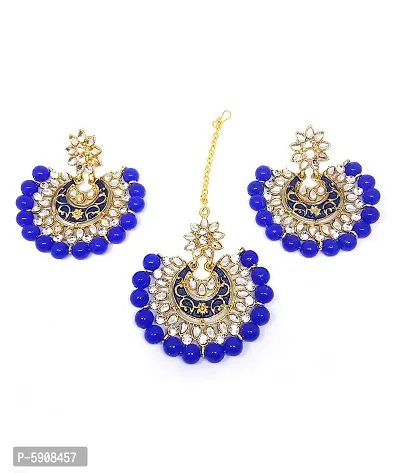 Stylish Gold Plated Kundan and Beads Mesmerizing Maang Tika & Earrings Set For Women