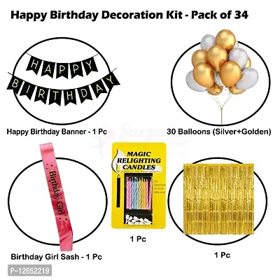 Surprises Planner Happy Birthday Banner, Metallic Balloons, Birthday Girl Sash, Foil Curtain, Magic Candles Birthday Decoration Set for Girls/Celebration - Pack of 34-thumb2