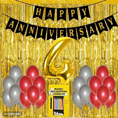 Surprises Planner Anniversary Banner, Metallic Balloons, No.4 Foil Balloon, Gold Foil Curtain, Magic Candles Anniversary Decoration Set for 4th Anniversary/Couples - Pack of 34