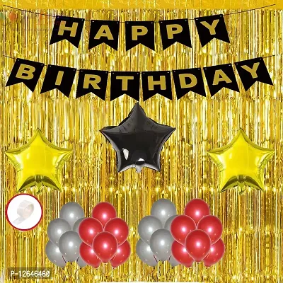 Surprises Planner Happy Birthday/Party Decoration Combo Silver Red Metallic Balloons, Happy Birthday Banner, Star Foil Balloons, Gold Foil Curtain, Glue Dots - 59 Pcs