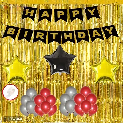 Surprises Planner Happy Birthday/Party Decoration Combo Silver Red Metallic Balloons, Happy Birthday Banner, Star Foil Balloons, Gold Foil Curtain, Glue Dots - 59 Pcs-thumb0