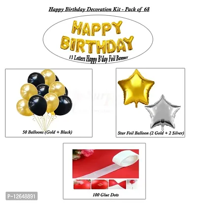 Surprises Planner Happy Birthday Foil Letters Balloons, Gold Silver Star Foil Balloons, Golden Black Metallic Balloons, Glue Dots Birthday Decoration Kit - Pack of 68-thumb2