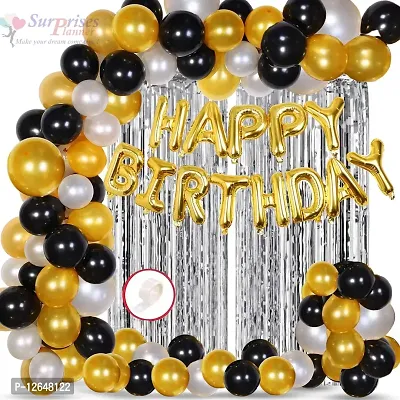 Surprises Planner Happy Birthday/Party Decoration Combo Black Gold Silver Metallic Balloons, Happy Birthday Gold Foil Banner, Silver Foil Curtain, Glue Dots - Set of 66 Pcs-thumb0