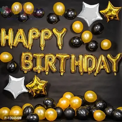 Surprises Planner Birthday Party Decoration Combo Gold Black Metallic Balloons, Happy Birthday Foil Banner, Star Foil Balloons - Set 67 Pcs-thumb0