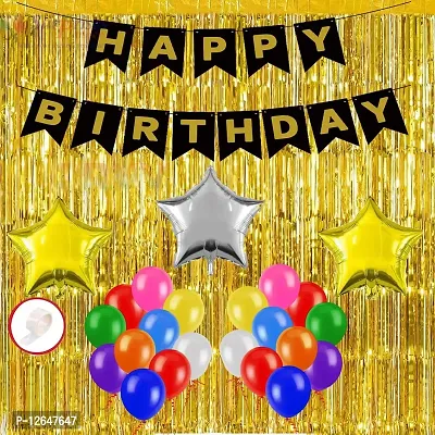 Surprises Planner Birthday Party Decoration Combo Multicolor Metallic Balloons, Happy Birthday Banner, Star Foil Balloons, Gold Foil Curtain, Glue Dots Tape - 59 Pcs