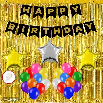 Surprises Planner Birthday Party Decoration Combo Multicolor Metallic Balloons, Happy Birthday Banner, Star Foil Balloons, Gold Foil Curtain, Glue Dots Tape - 59 Pcs-thumb0