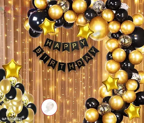 Surprises Planner Birthday Party Decoration Combo Gold Black Metallic Balloons, Confetti Balloons, Happy Birthday Banner, Star Foil Balloons, Led Light, Glue Dots - Set of 73 Pcs