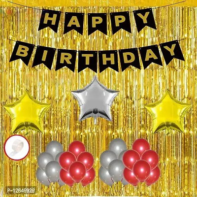 Surprises Planner Happy Birthday/Party Decoration Combo Silver Red Metallic Balloons, Happy Birthday Banner, Star Foil Balloons, Gold Foil Curtain, Glue Dots Tape- 59 Pcs